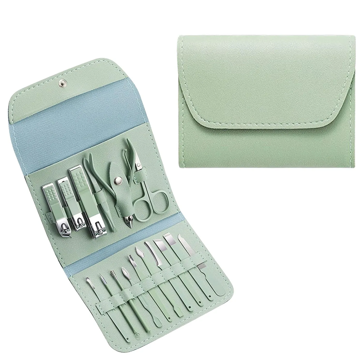 16-Piece: Stainless Steel Professional Manicure Pedicure Facial Set Grooming Kit with Leather Case