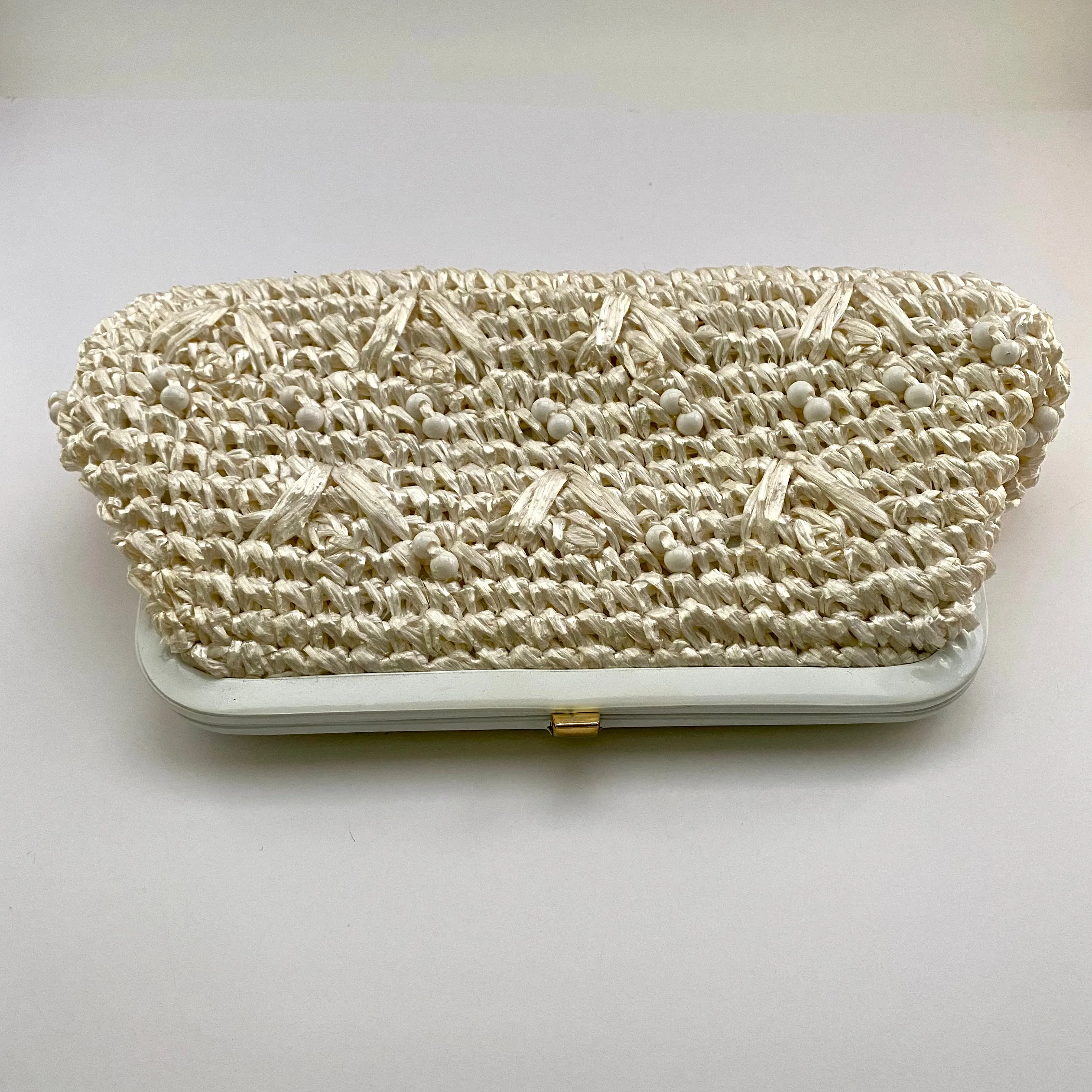 1960s Ivory Raffia & Bead Clutch With Optional Handle