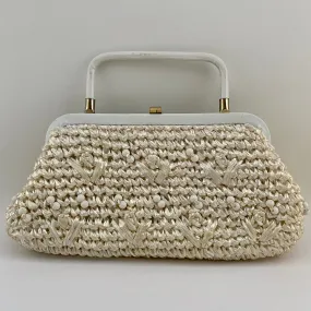 1960s Ivory Raffia & Bead Clutch With Optional Handle