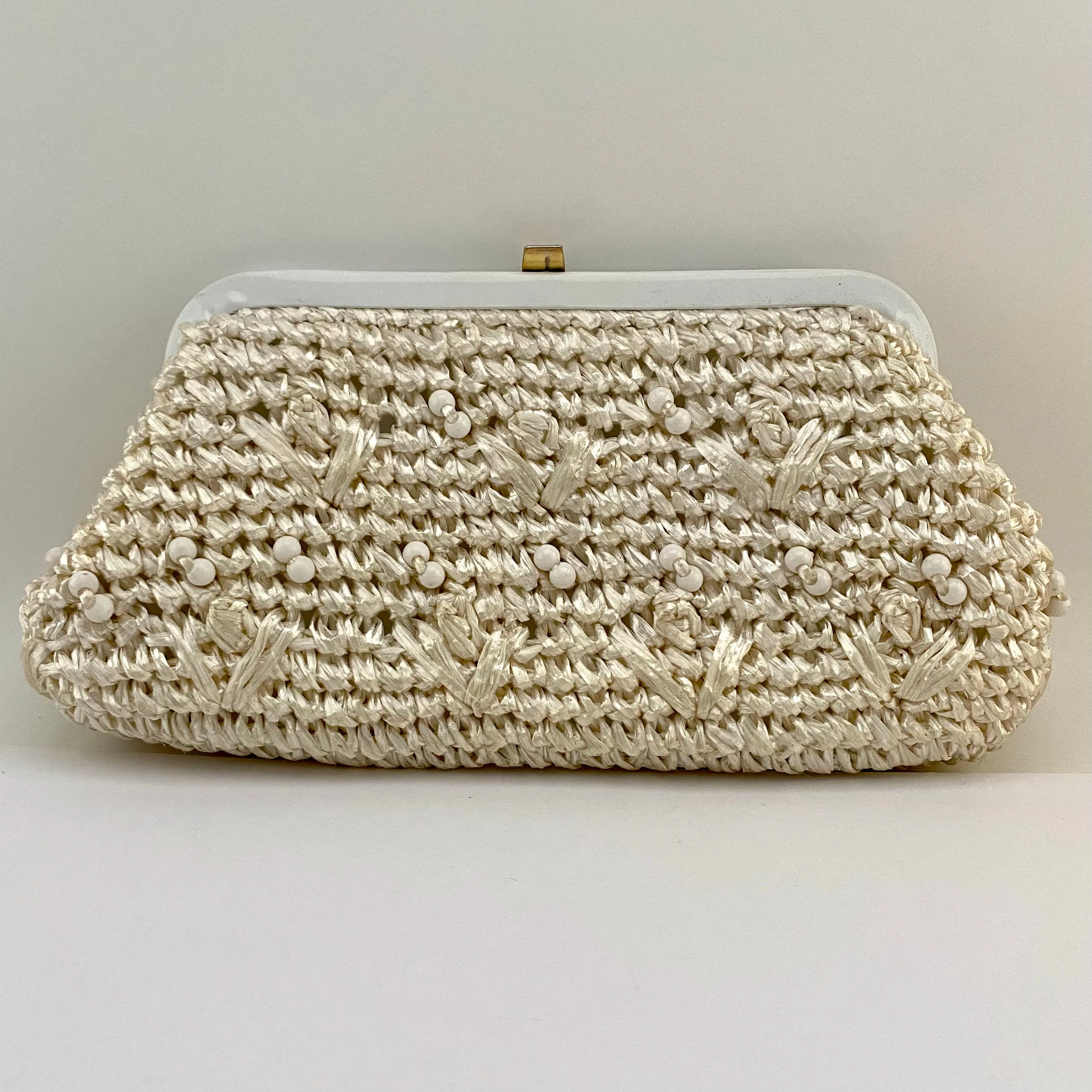 1960s Ivory Raffia & Bead Clutch With Optional Handle