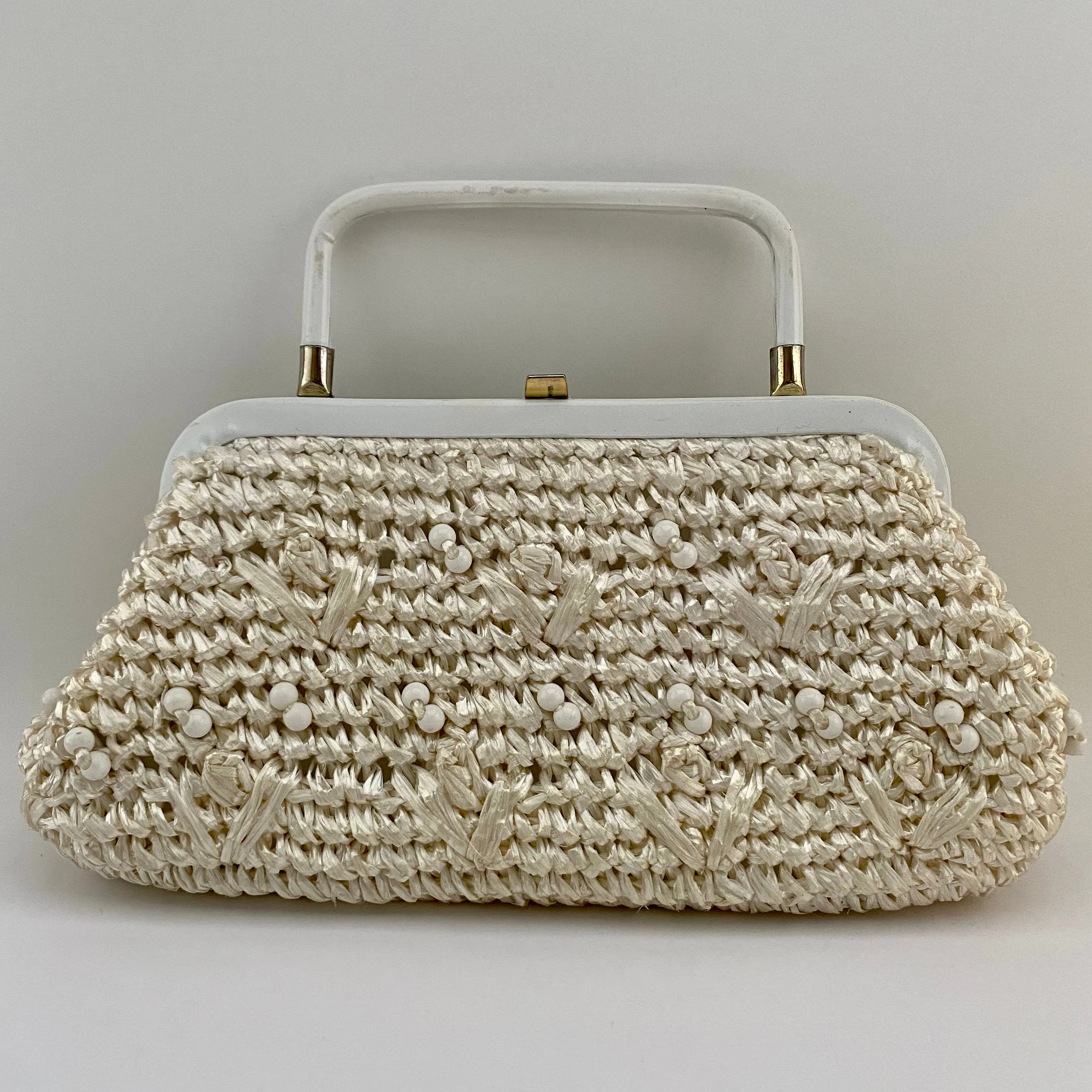 1960s Ivory Raffia & Bead Clutch With Optional Handle