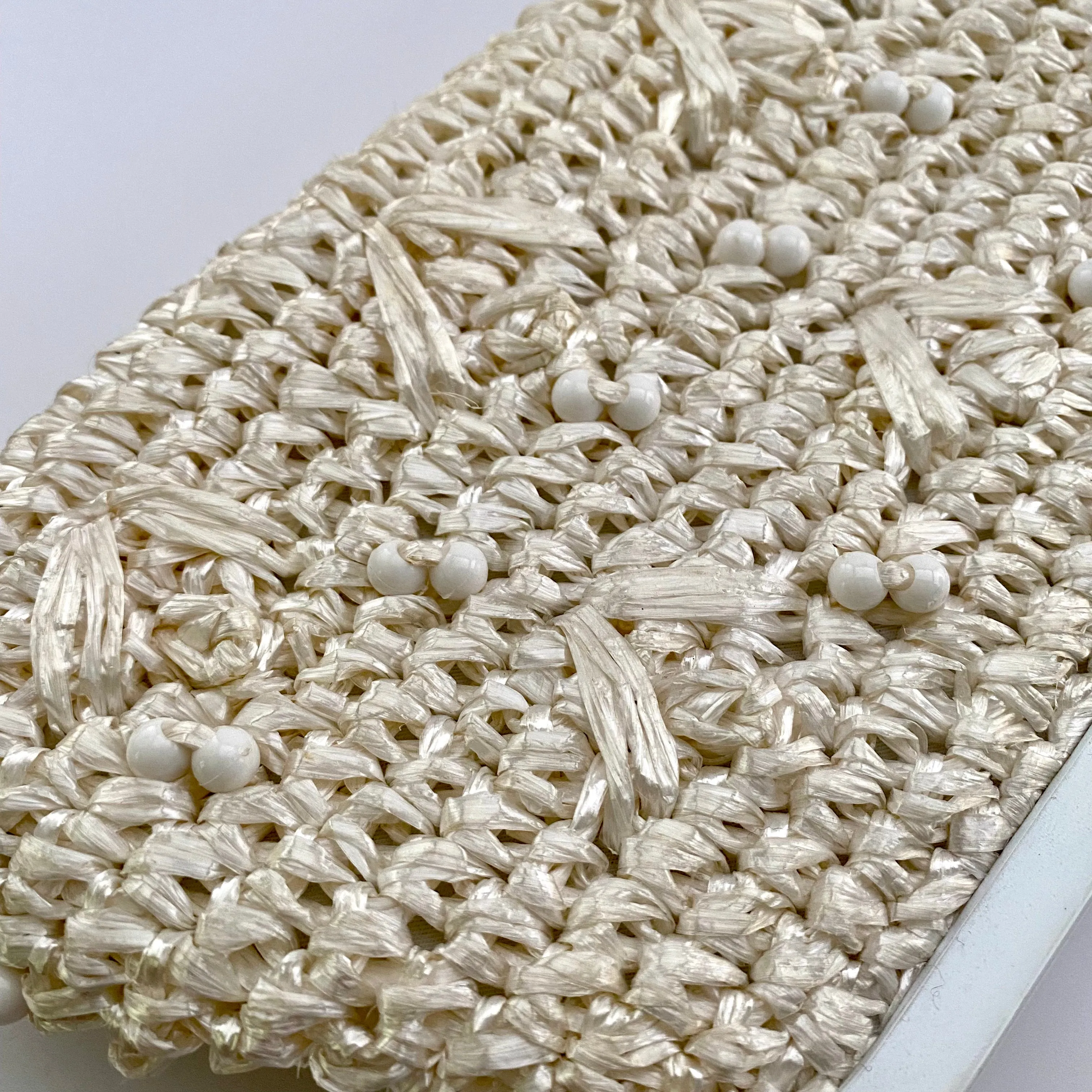 1960s Ivory Raffia & Bead Clutch With Optional Handle