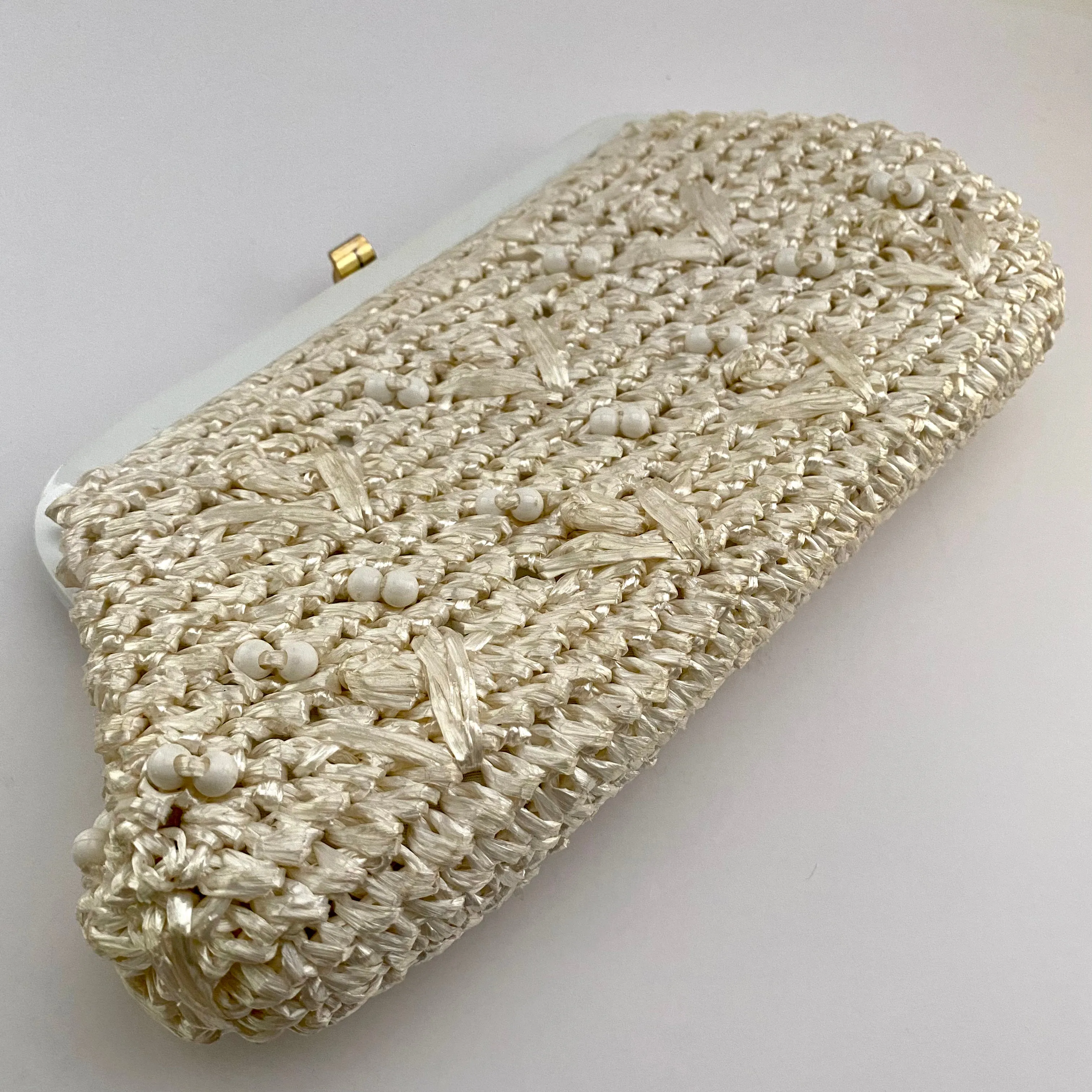 1960s Ivory Raffia & Bead Clutch With Optional Handle