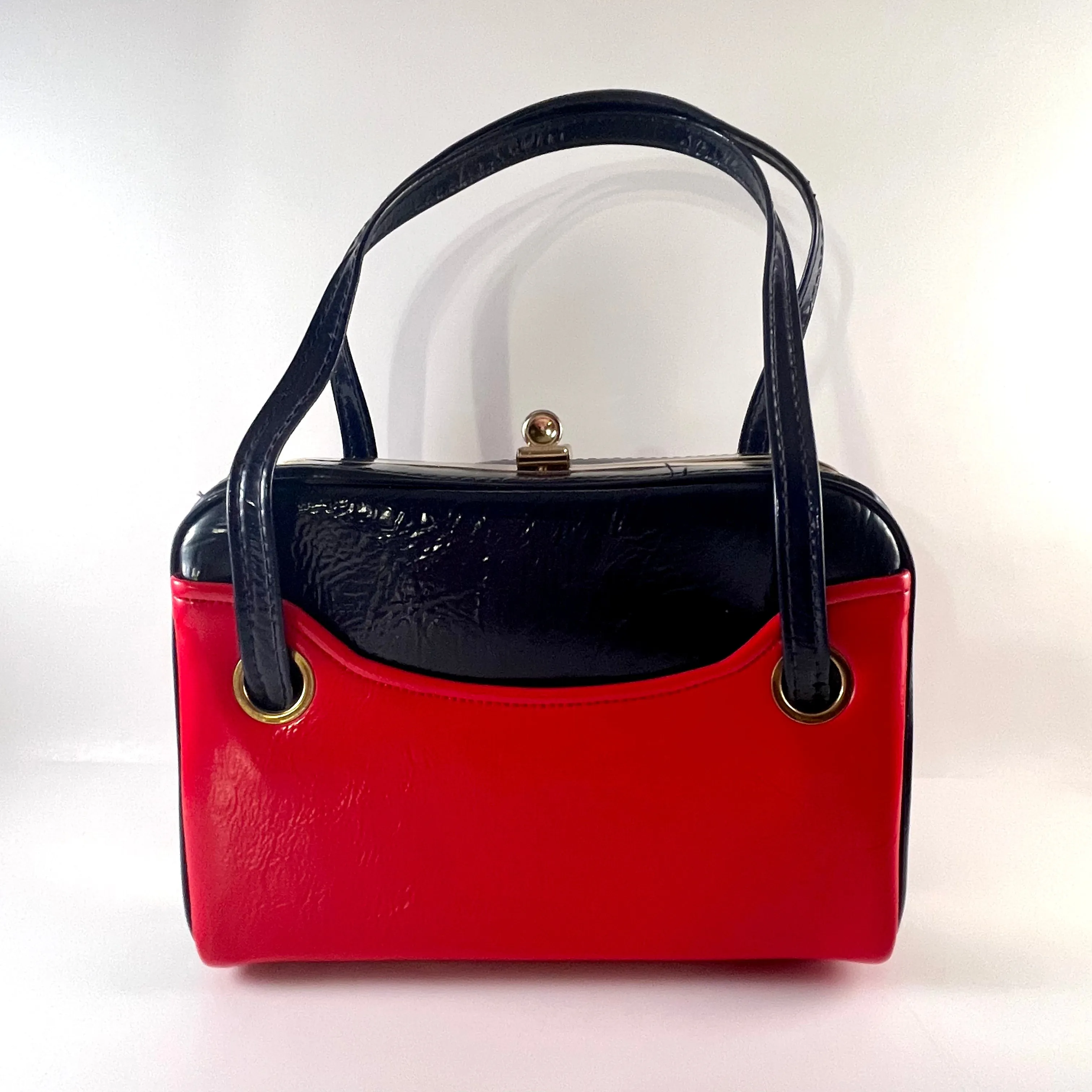 1960s Navy & Red Patent Leather Box Handbag