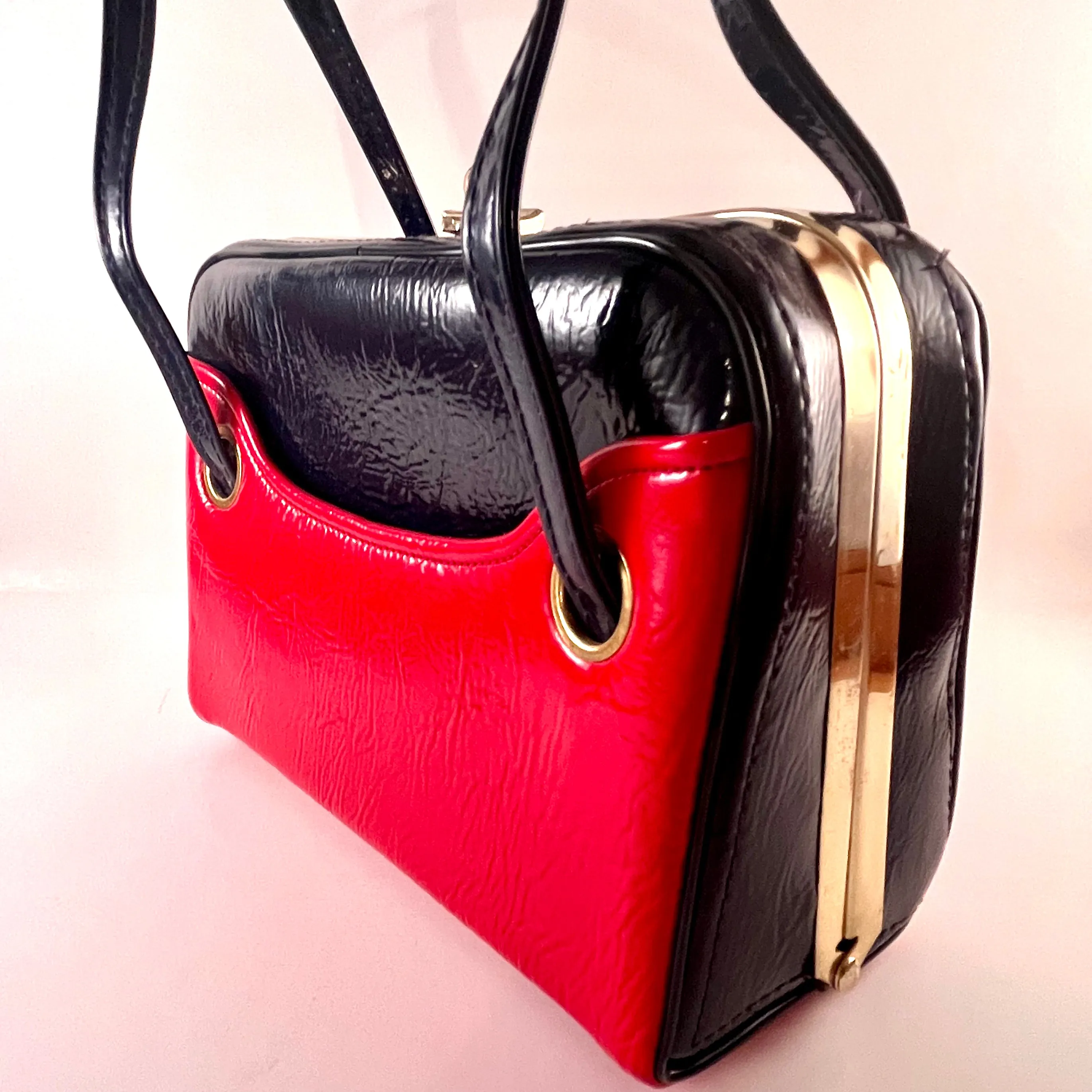 1960s Navy & Red Patent Leather Box Handbag