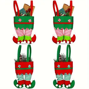 2-Pack Large-Capacity Classic Elf Boot Christmas Stocking Gift Bags with Handles - Festive Red & Green Fabric Candy Bags for Party Favors, Seasonal Decor - Charming Santa's Helpers Design