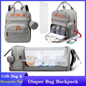 3-in-1 Diaper Bag Backpack with Foldable Bed and USB Charger