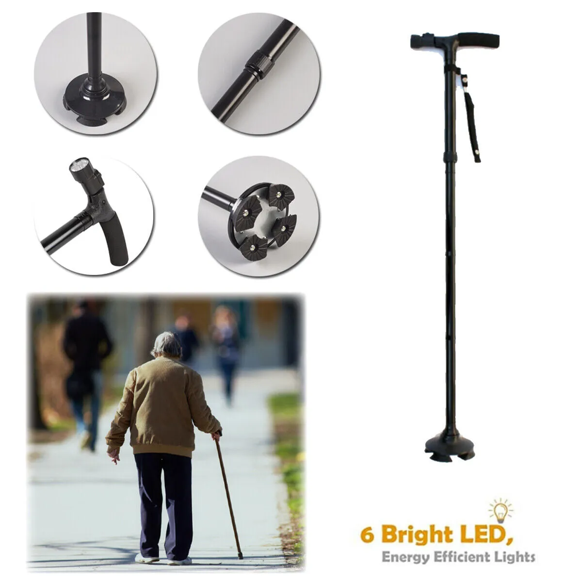 Adjustable Folding LED Walking Cane with Ergonomic Handle