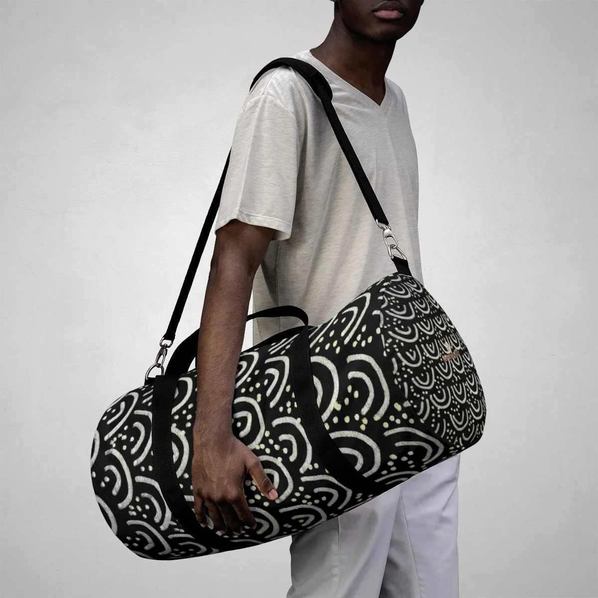 African Tribal Print Duffel Bag, Best Designer Black Gold All Day Small Or Large Size Bag, Made in USA