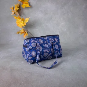 Barrel Handbags Blue Colour with Grey Prints.