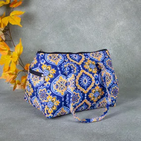 Barrel Handbags Blue with Mustard Flower Design.