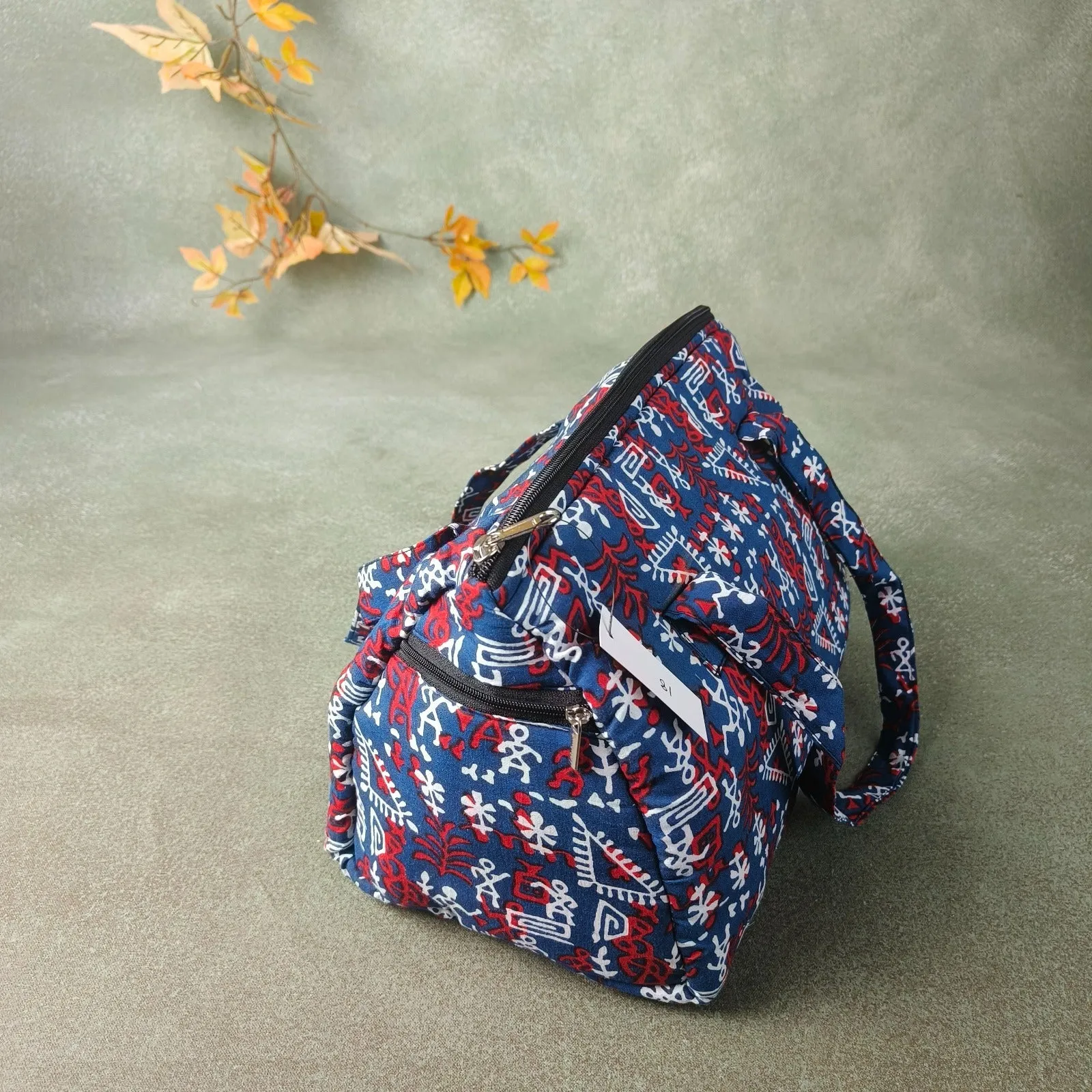 Barrel Handbags Blue with White and Red Tribal Prints Design