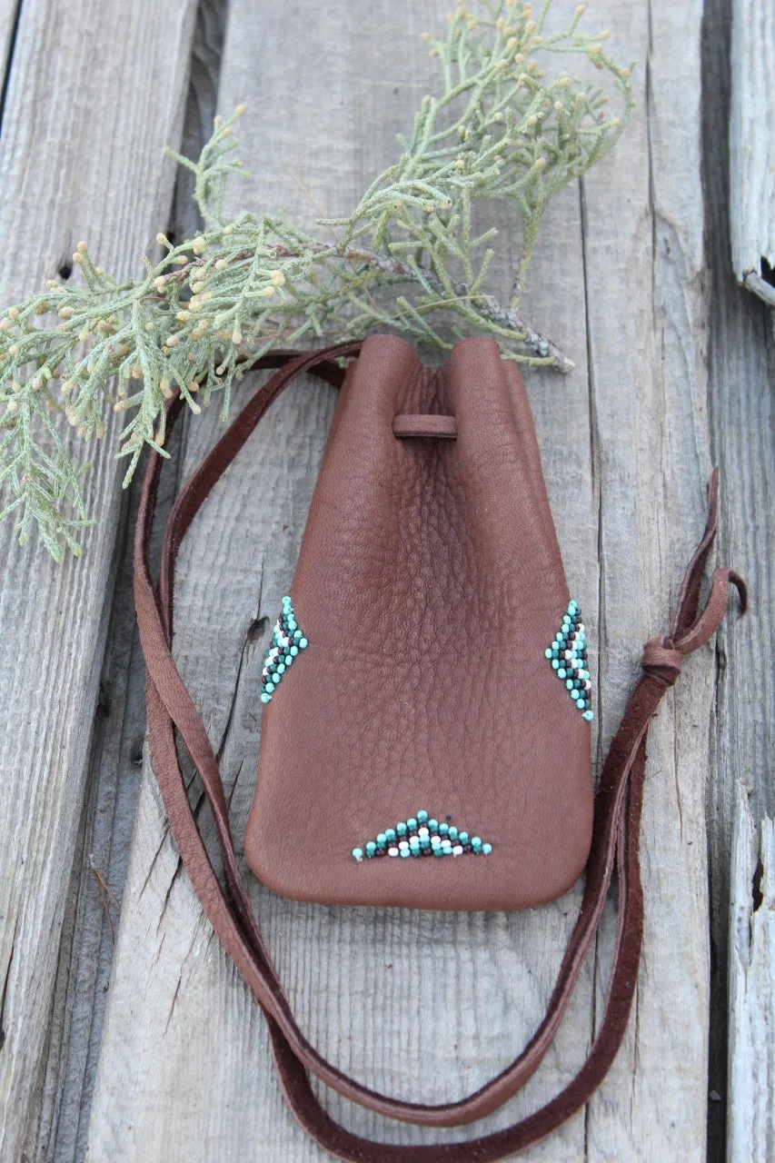 Beaded amulet bag, buckskin leather pouch