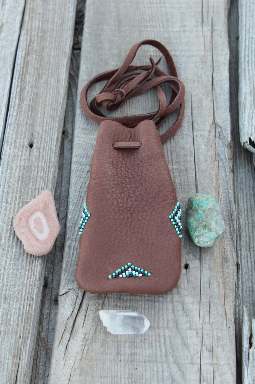 Beaded amulet bag, buckskin leather pouch