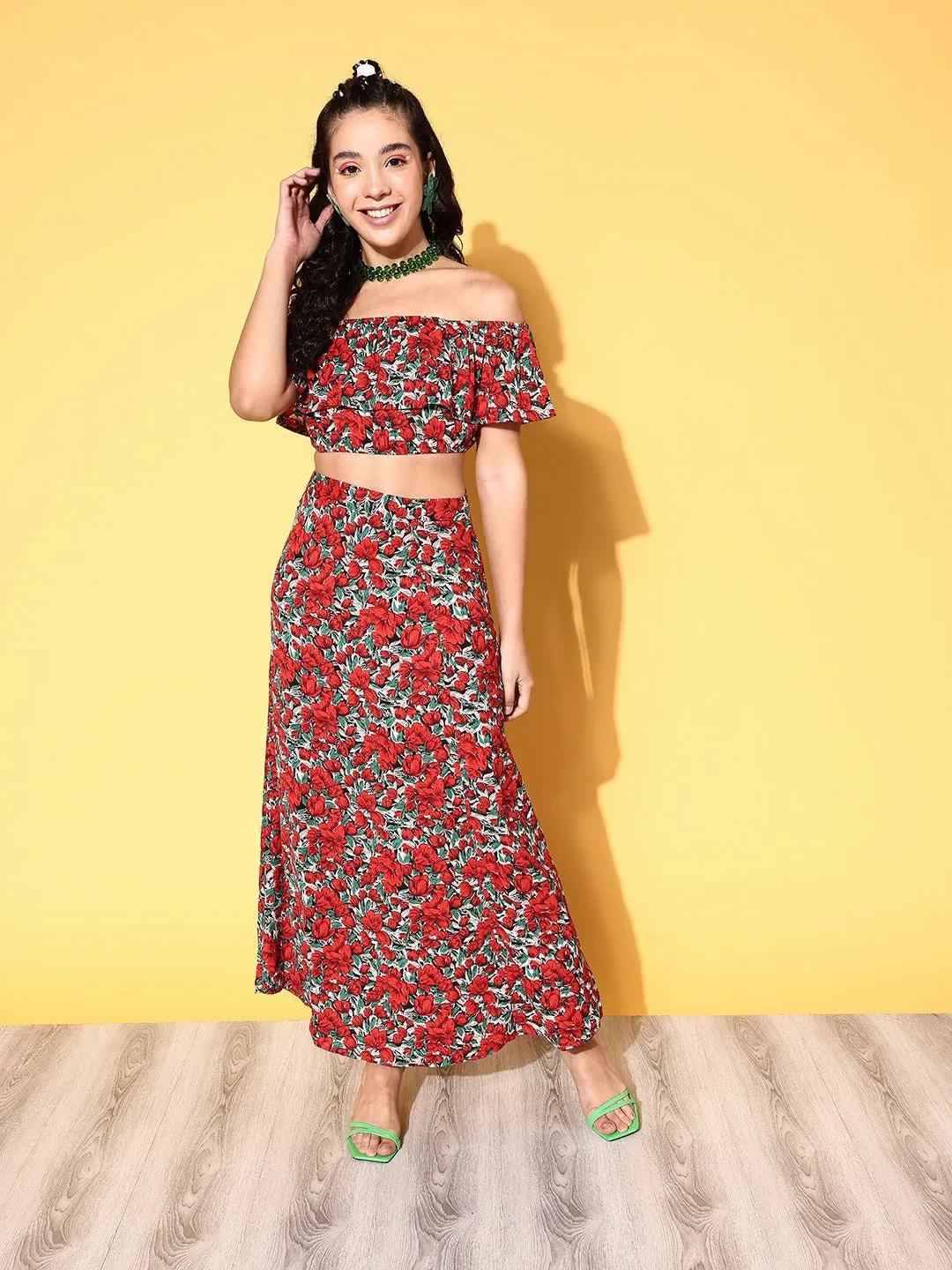 Berrylush Women Deep Red & Green Floral Printed Off-Shoulder Neck Crop Top & Thigh-High Slit Maxi Skirt Co-Ord Set