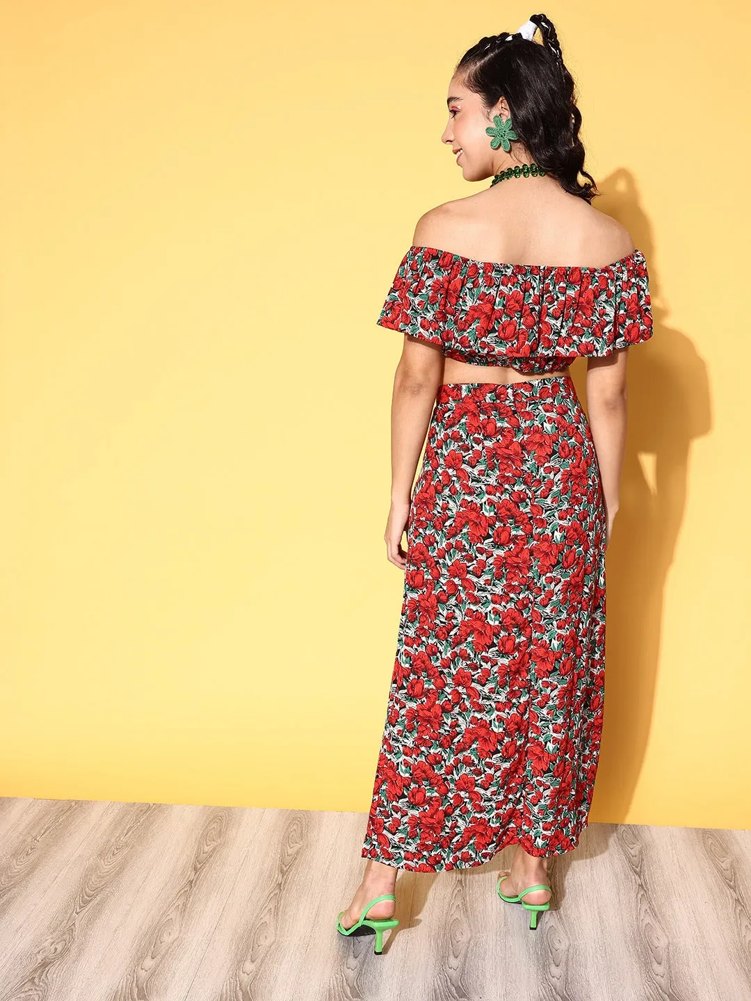 Berrylush Women Deep Red & Green Floral Printed Off-Shoulder Neck Crop Top & Thigh-High Slit Maxi Skirt Co-Ord Set