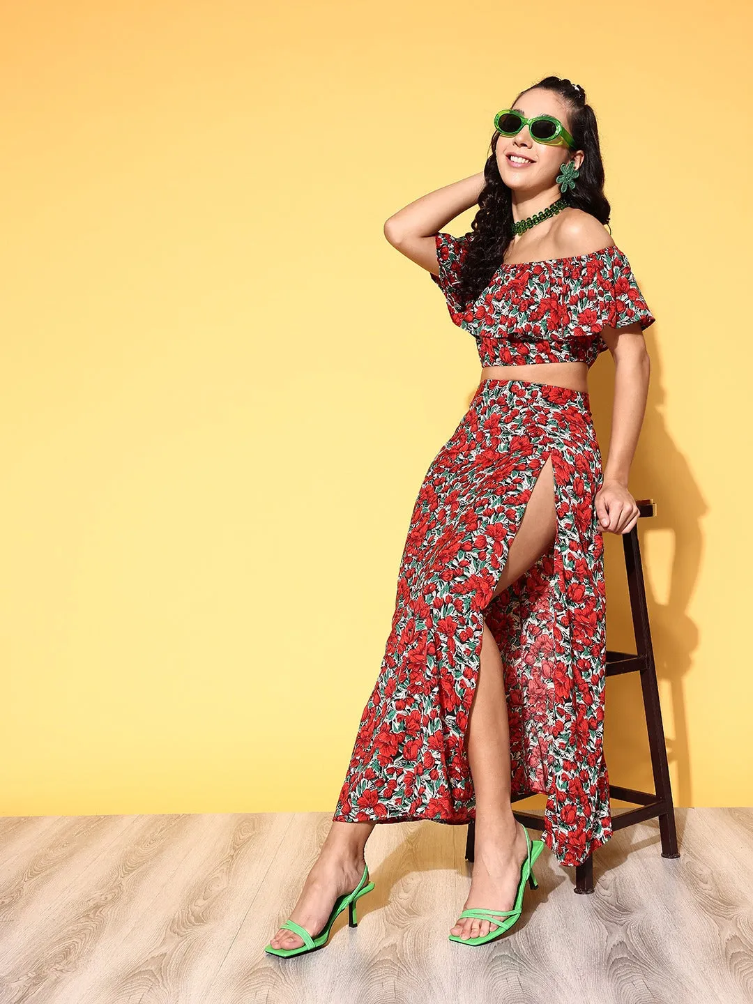 Berrylush Women Deep Red & Green Floral Printed Off-Shoulder Neck Crop Top & Thigh-High Slit Maxi Skirt Co-Ord Set