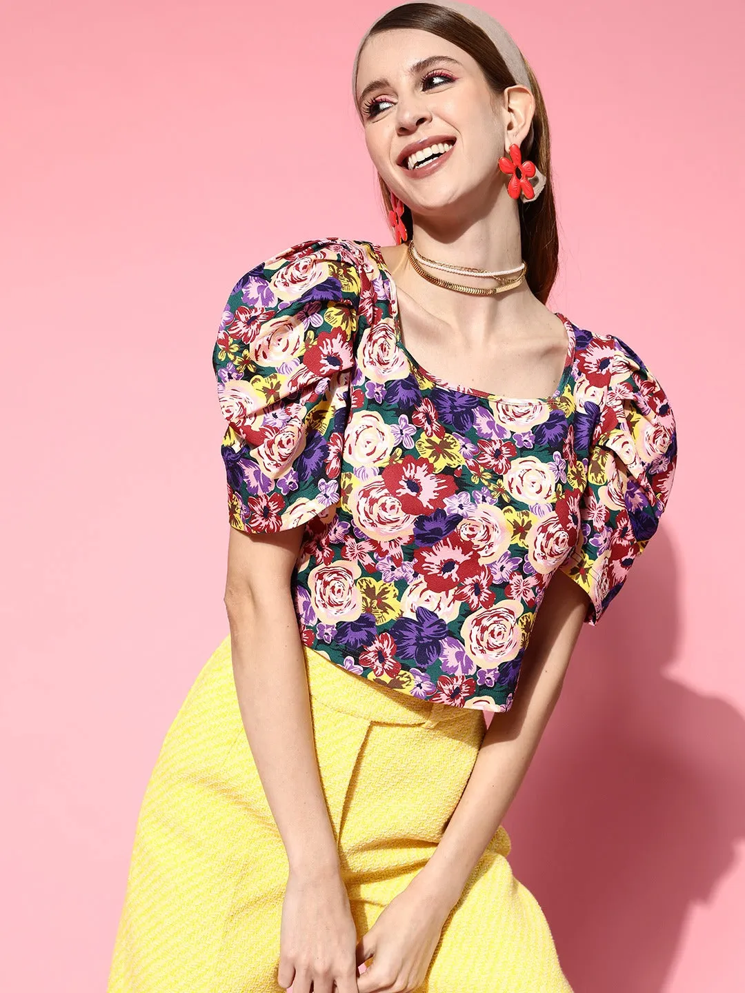 Berrylush Women Multicoloured Floral Printed Square Neck Puff Sleeves Crepe Cropped Top