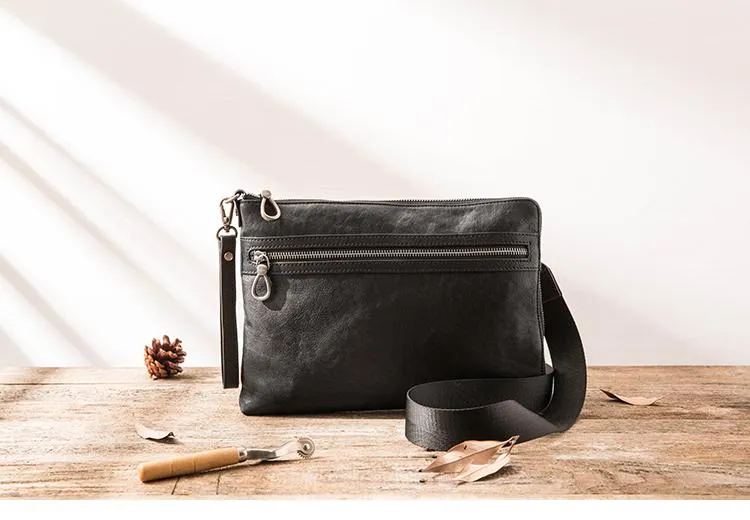 Black Cool Leather Mens Wristlet Bag Clutch Black Slim Messenger Bag Side Bag for Men