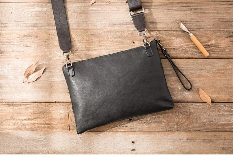 Black Cool Leather Mens Wristlet Bag Clutch Black Slim Messenger Bag Side Bag for Men