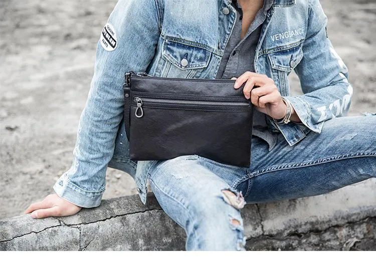 Black Cool Leather Mens Wristlet Bag Clutch Black Slim Messenger Bag Side Bag for Men