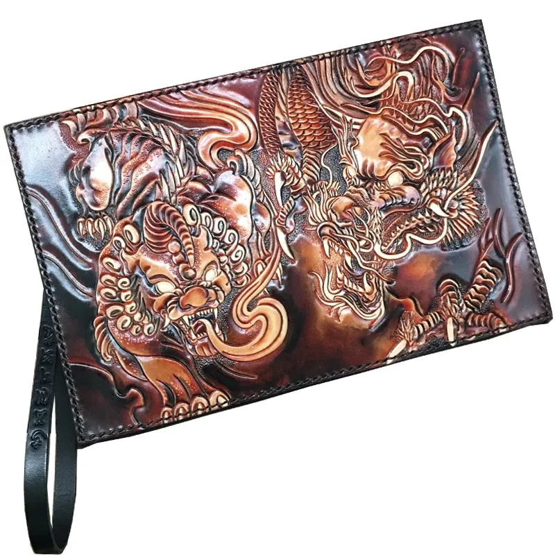 Black Handmade Tooled Leather Lion Chinese Dragon Clutch Wallet Wristlet Bag Clutch Purse For Men