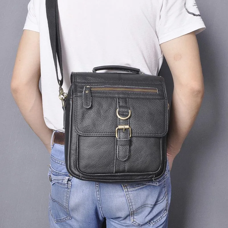 Black Leather Mens Small Vertical Messenger Bag Vertical Black Side Bags Small Handbag For Men