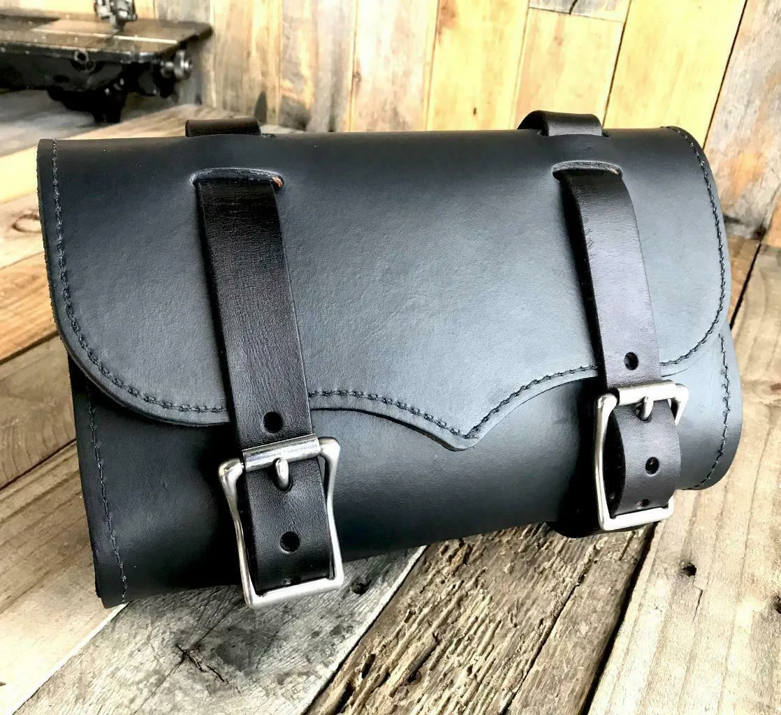 Black Leather Tool Roll Bag Saddle Harley Chopper Bobber Motorcycle Sportster