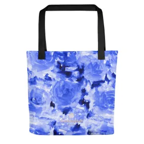 Blue Floral Print Tote, Cool Blue Sea Rose Floral Print Flower Designer 15" x 15" Tote Bag - Made in USA/EU