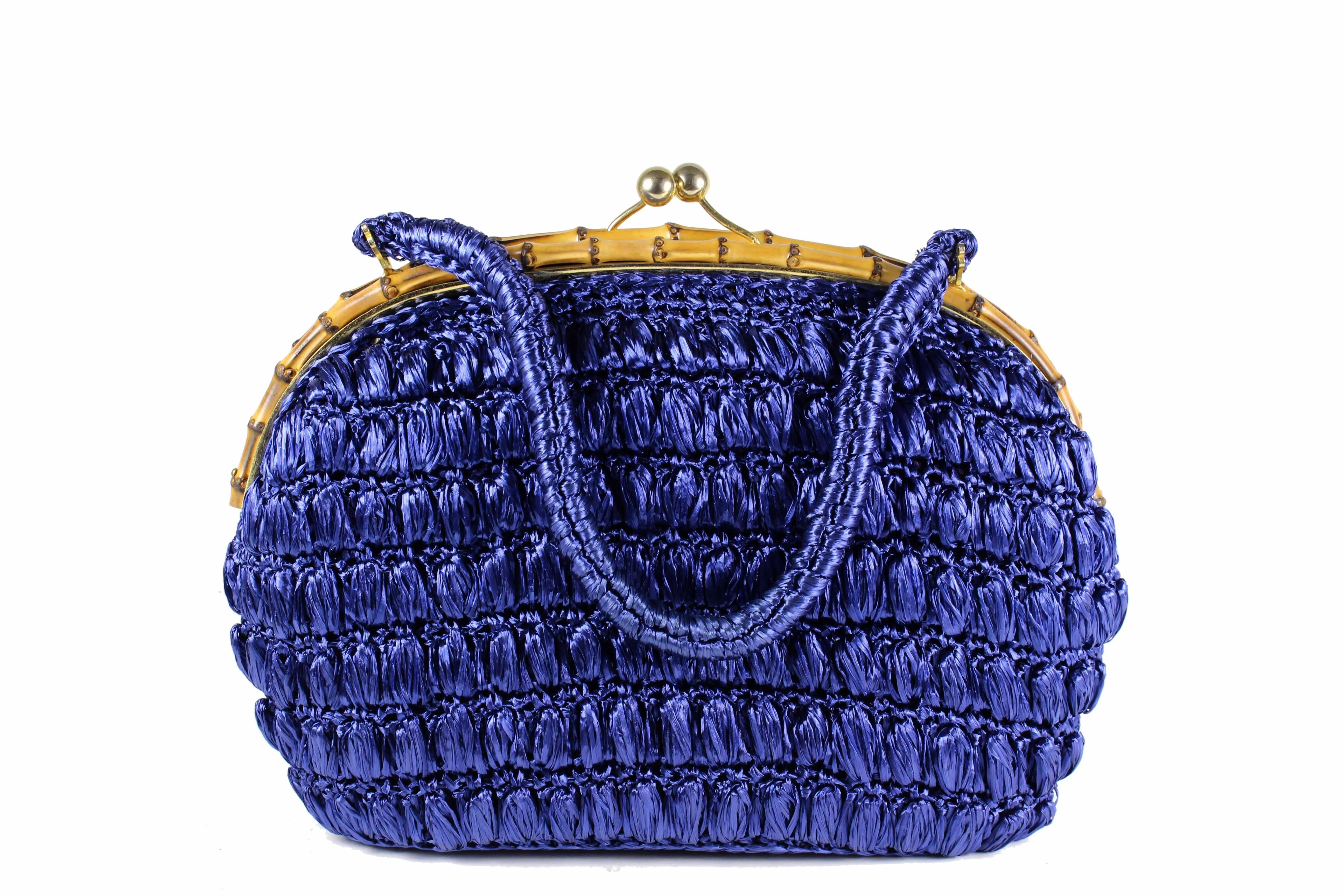 Blue raffia bamboo frame handbag