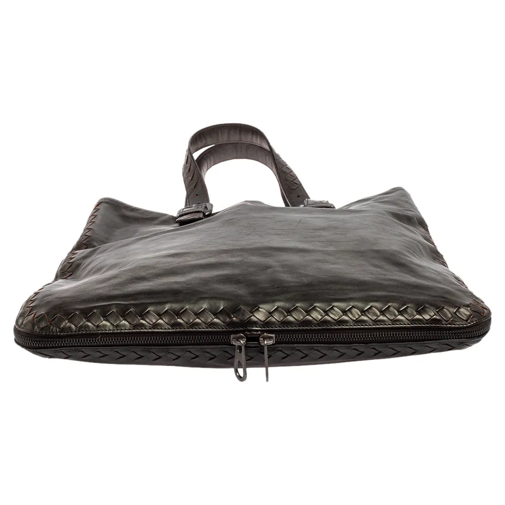 Bottega Veneta Dark Intrecciato Trim Leather Expandable Tote