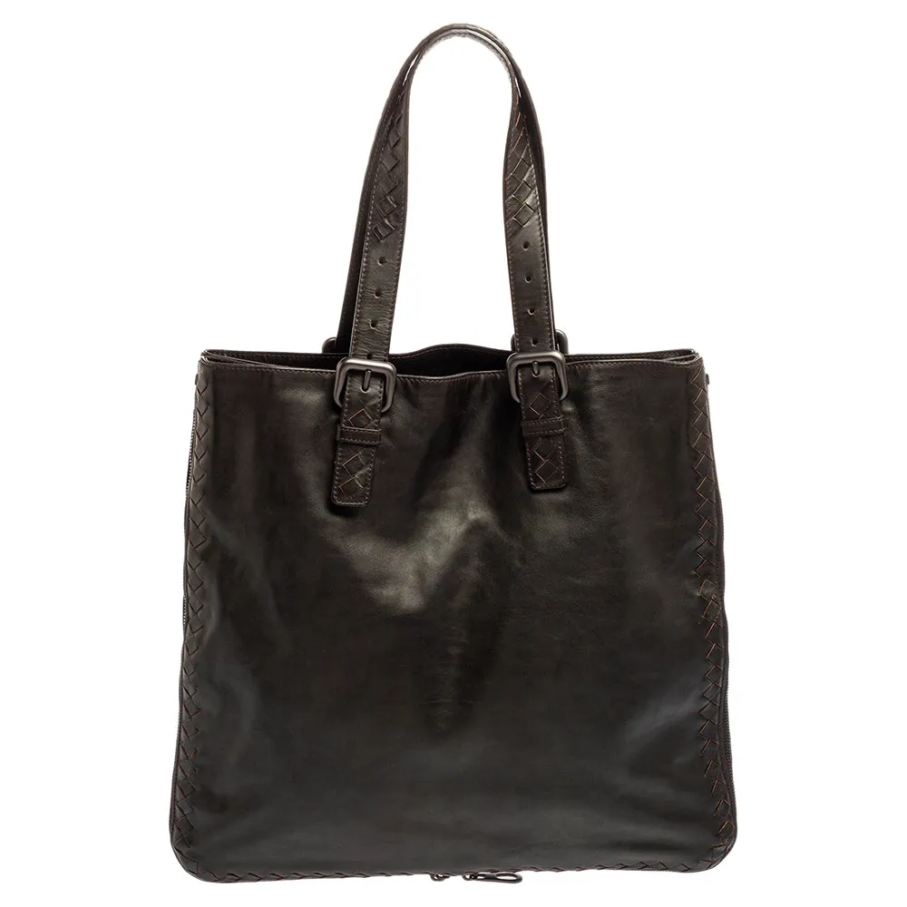 Bottega Veneta Dark Intrecciato Trim Leather Expandable Tote