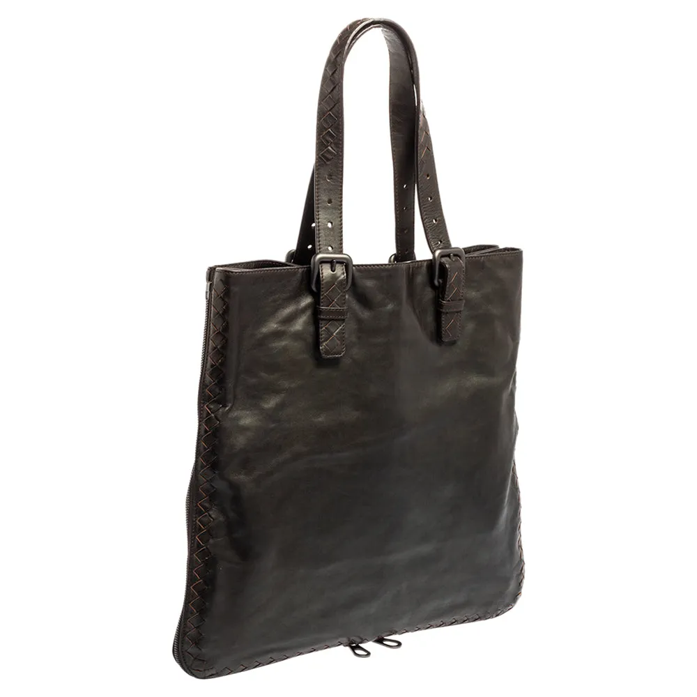 Bottega Veneta Dark Intrecciato Trim Leather Expandable Tote