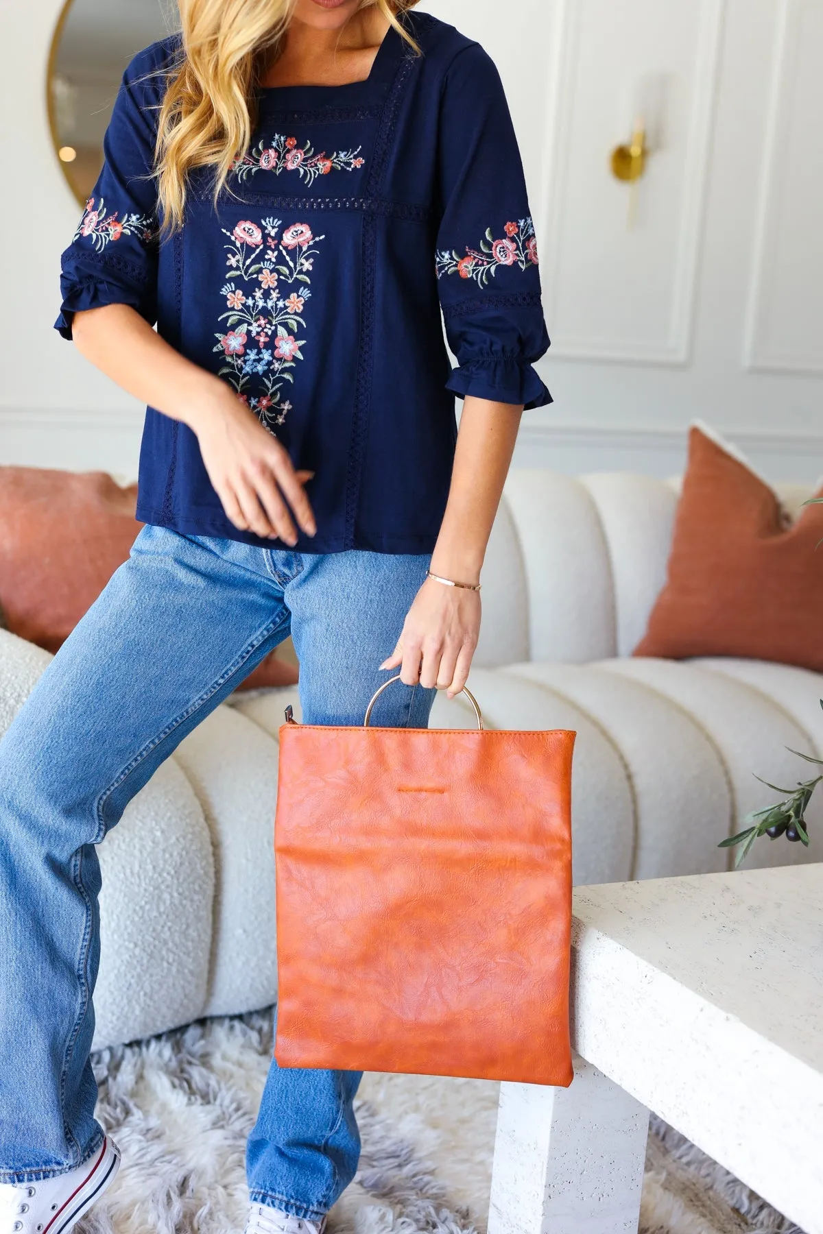 Burnt Sienna Fold Over Gold O-Ring Faux Leather Clutch