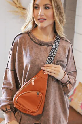 Camel Vegan Leather Sling Leopard Strap Crossbody