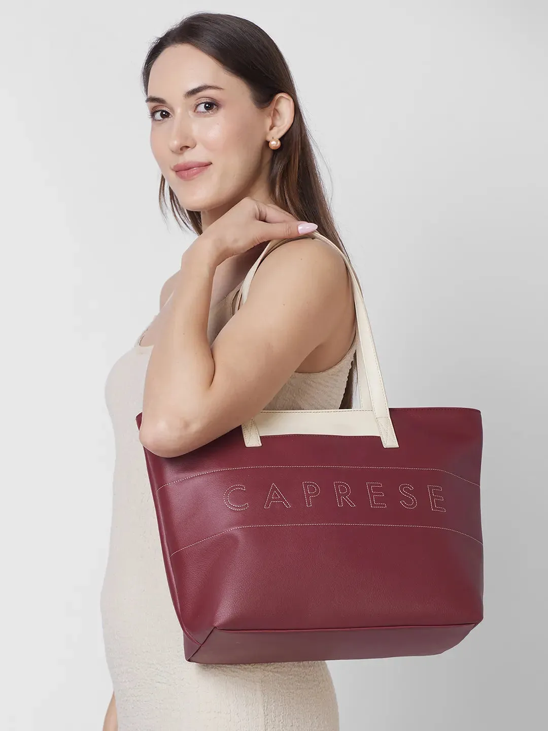 Caprese Narni Tote Medium Solid Womens Office Handbag Maroon