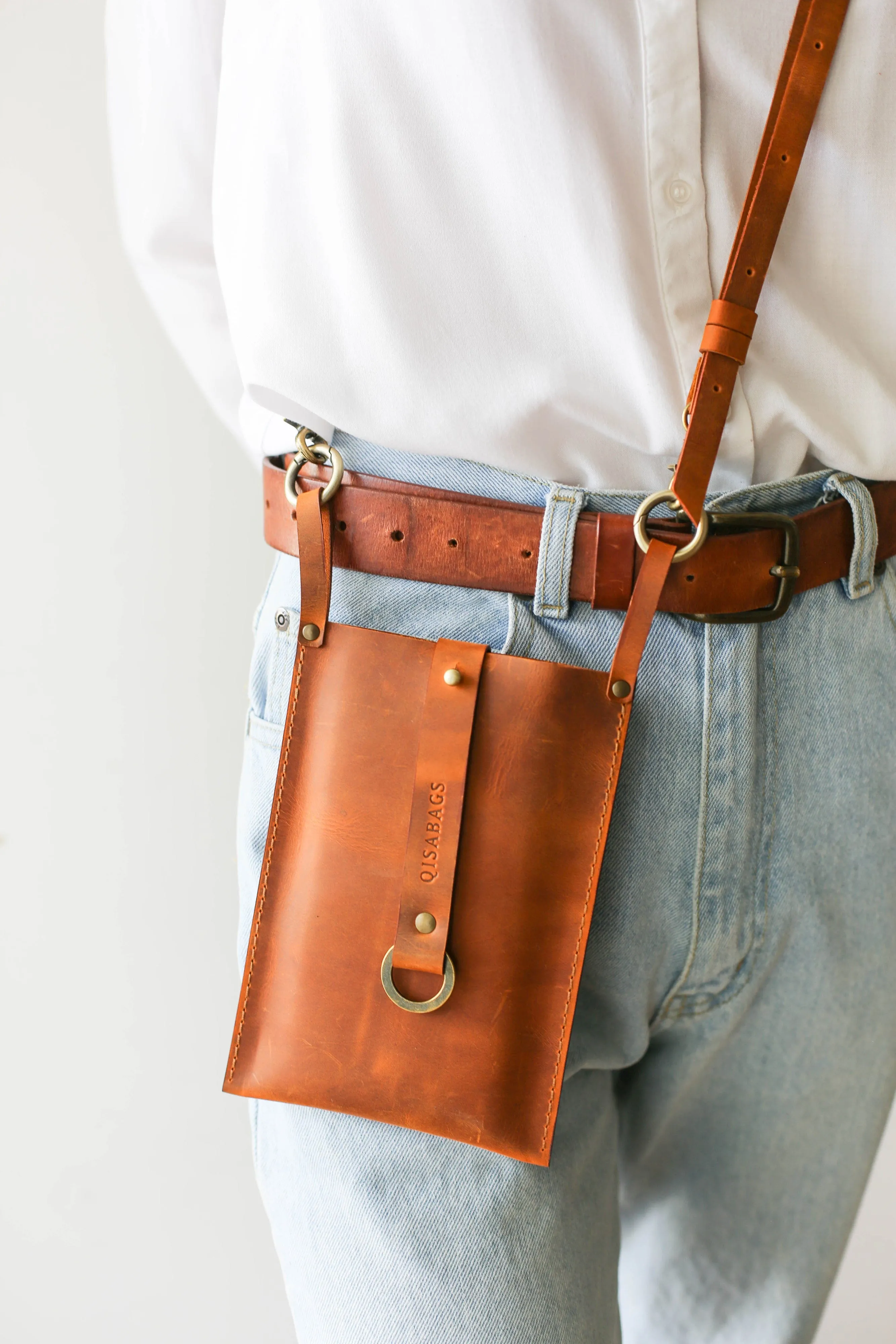 Cognac Brown Leather Phone Bag