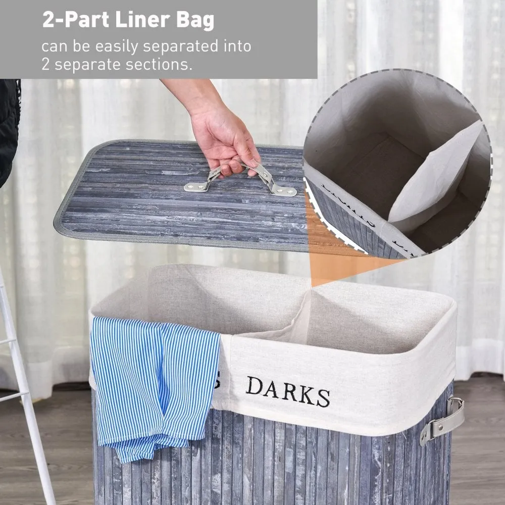 Collapsible Bamboo Laundry Hamper Organizer Clothes Washing Basket Bin Storage Box Removable Lining Large Section Double