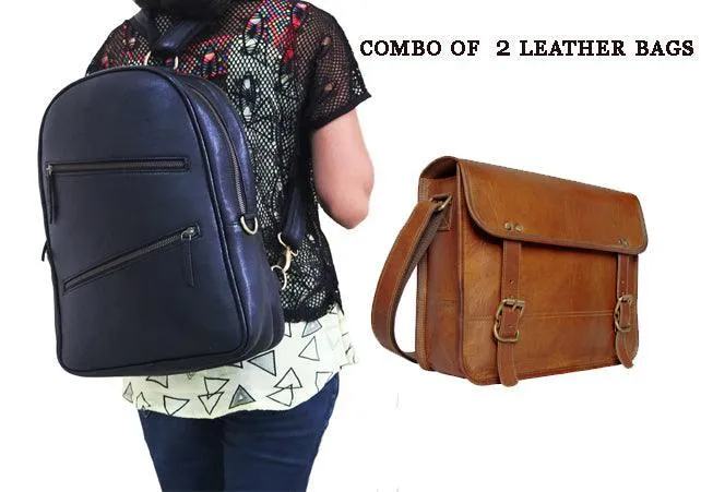 Combo Of 2 , Black Leather Backpack With Simple Leather bag.