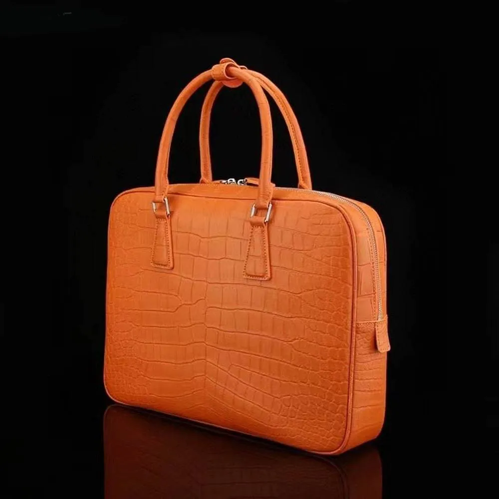 Crocodile Briefcase, Genuine Crocodile Skin Leather Laptop Bag Orange