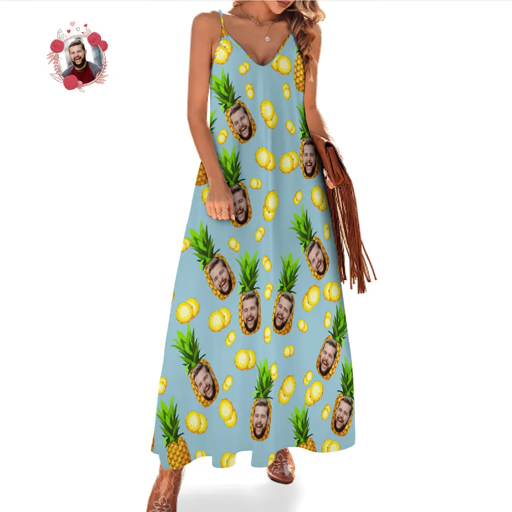 Custom Face Hawaiian Style Big Pineapple Long Dress And Shirt Family Matching