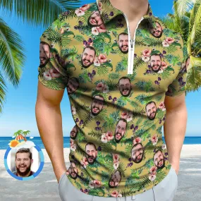 Custom Funny Polo Shirt with Zipper Personalised Face Hawaiian Style Polo Shirt for Men