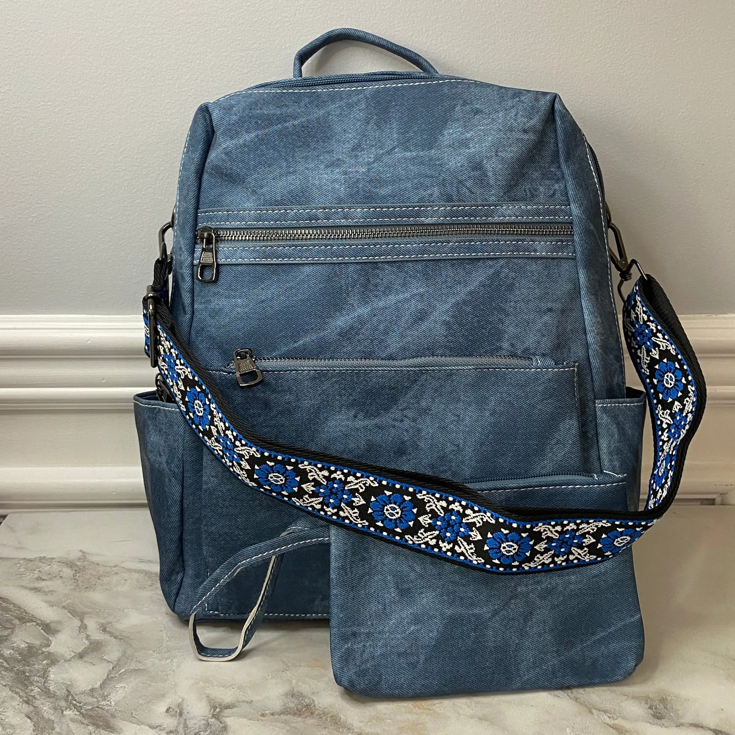 Denim Suede Brooke Backpack   Pouch