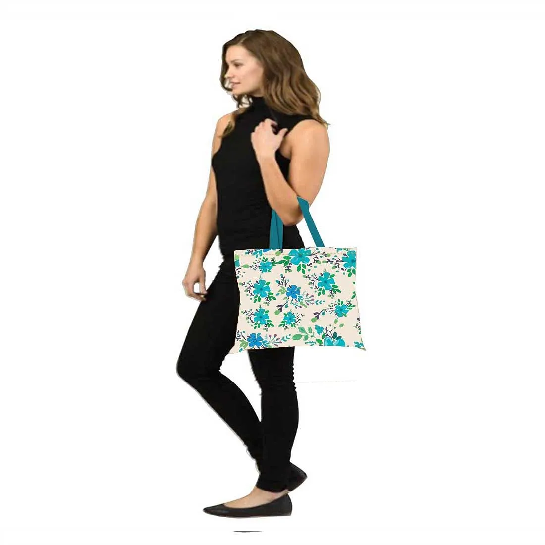 Designer Tote Bag With Zip Beach Gym Travel Bags -  Blue Flower