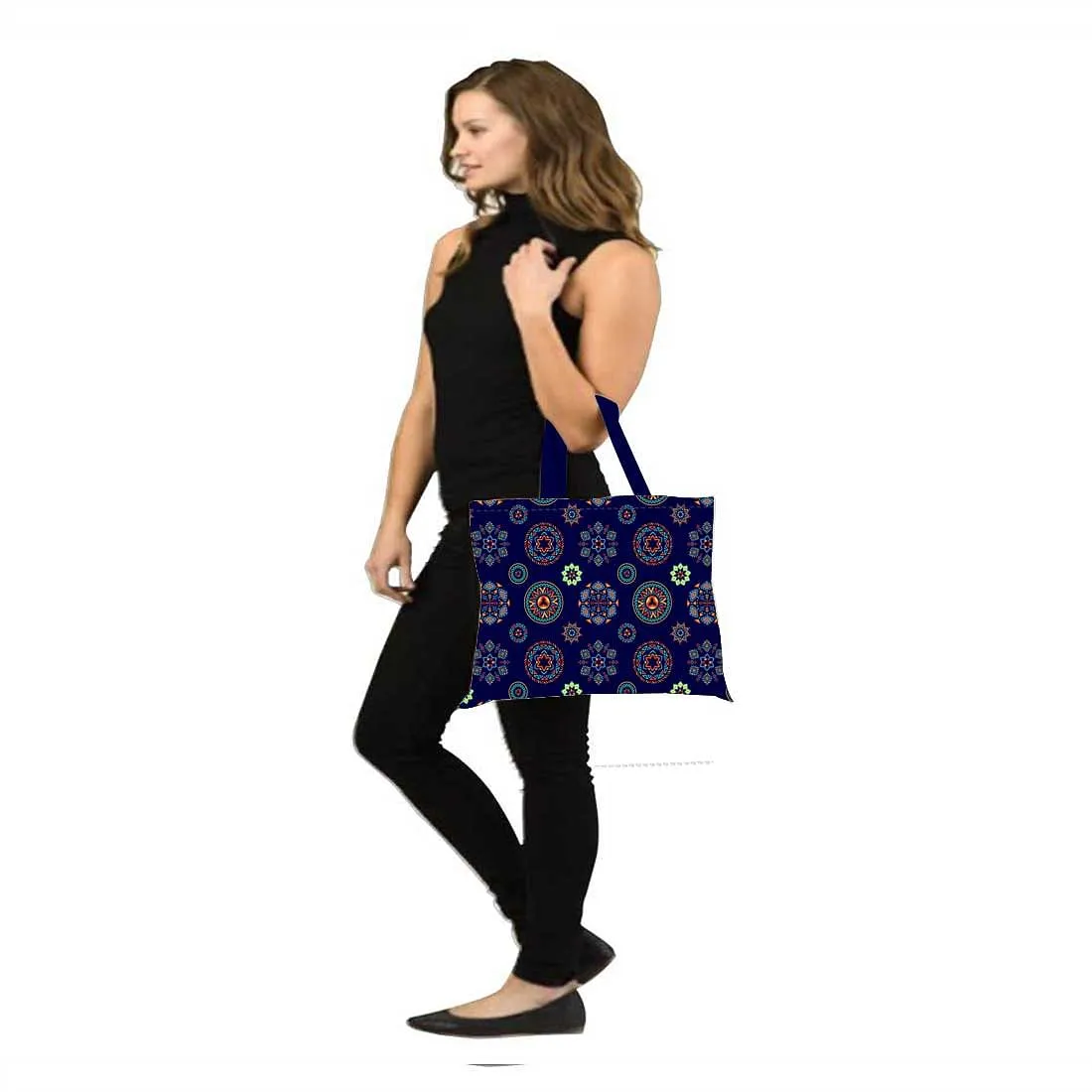 Designer Tote Bag With Zip Beach Gym Travel Bags -  Dark Blue Ethnic Patterns