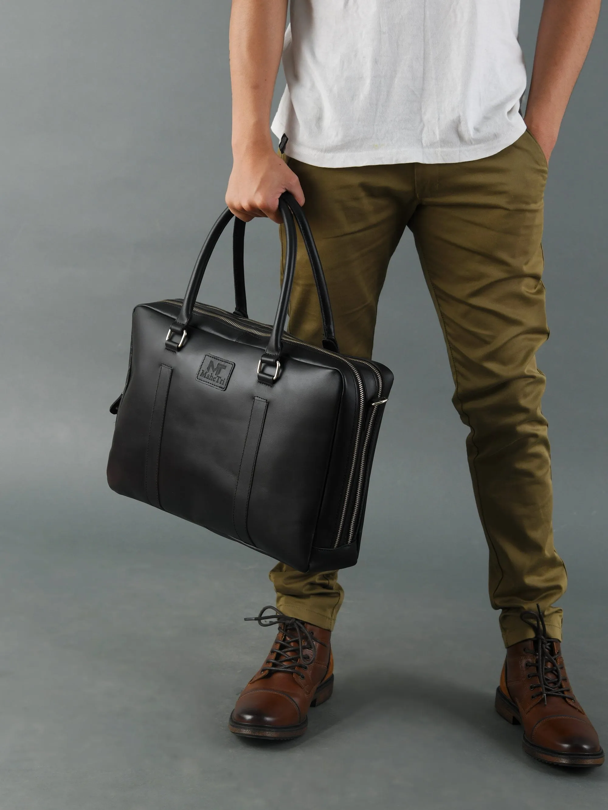 Dixon Black Buffalo Leather Laptop Briefcase