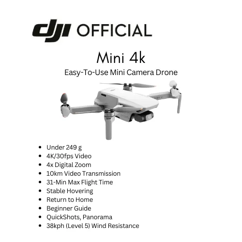 DJI Mini 4K Drone with 4K UHD Camera for Adults, Under 249 g, 3-Axis Gimbal Stabilization, 10km Video Transmission