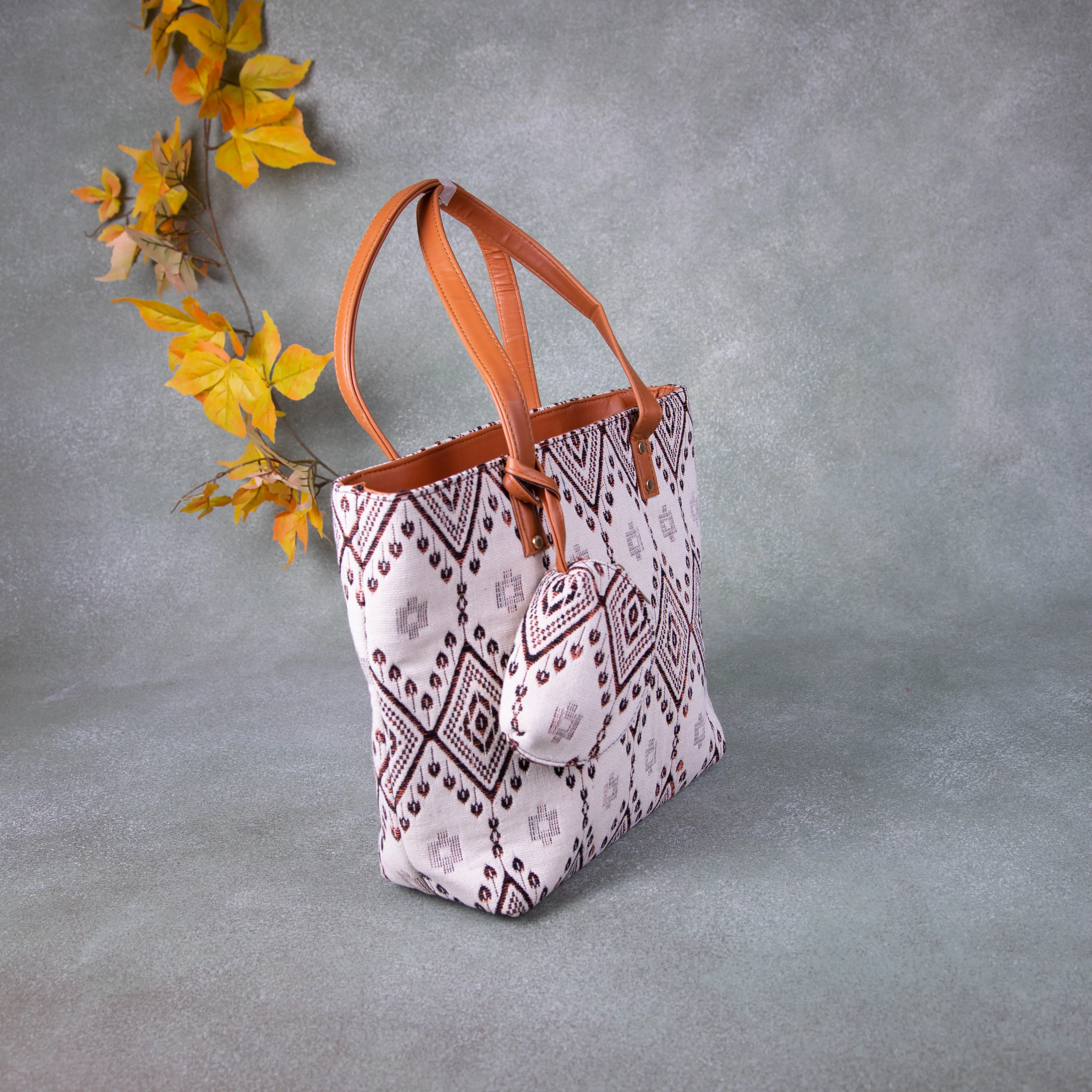 Double Zippered Tote White with Brown Prints.