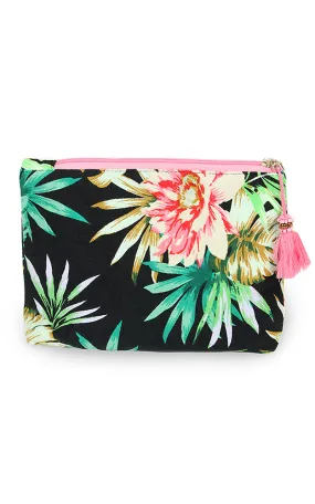 EAB0207 Black Tropical Print Tassel Cosmetic Pouch Bag