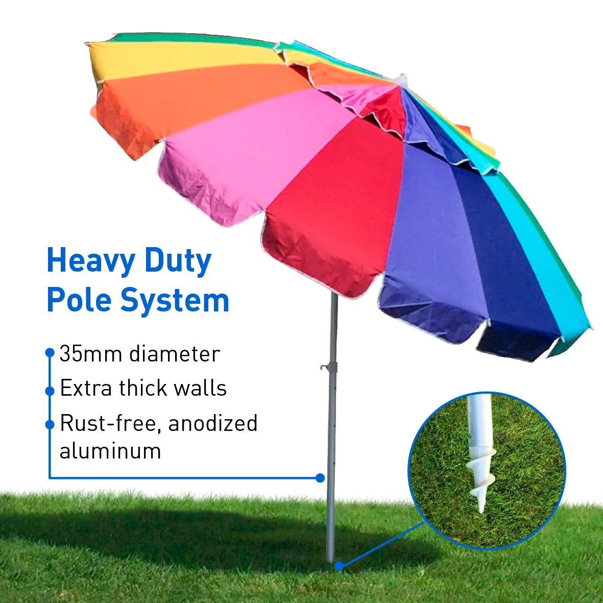 EasyGo 8 Foot HEAVY DUTY HIGH WIND Beach Umbrella - Giant 8' Beach Umbrella with Sand Anchor & Carrying Bag -Sturdy Pole